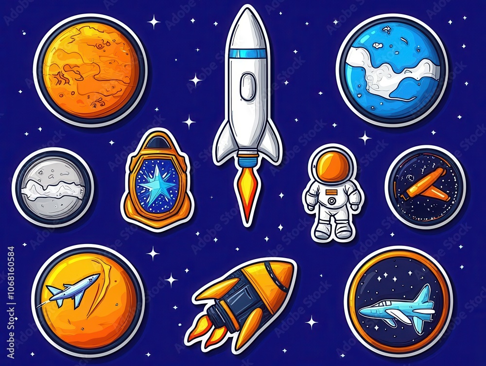 Naklejka premium Colorful space elements including rockets, planets, and an astronaut, perfect for educational and adventure-themed projects.