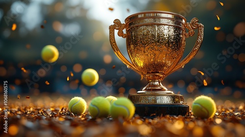 A golden champion’s cup with tennis balls on a bright background, symbolizing sports achievements in major tennis tournaments like Wimbledon and the US Open.