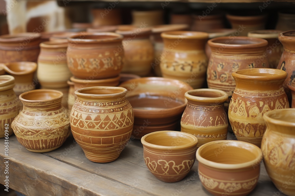 Rustic clay pots with intricate patterns on wooden shelves Rustic clay pots with intricate patterns on wooden shelves