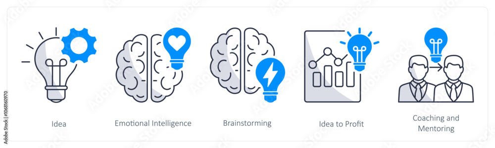 A set of 5 business icons as idea, emotional intelligence, brainstorming A set of 5 business icons as idea, emotional intelligence, brainstorming