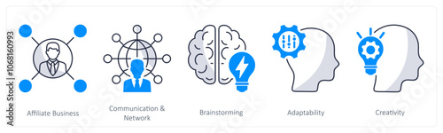 A set of 5 business icons as affiliate business, communication and network, brainstorming