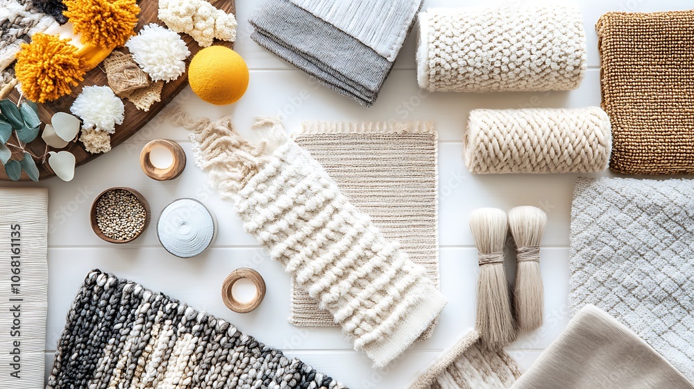 A collection of textured fabrics and decorative elements arranged for crafting inspiration. A collection of textured fabrics and decorative elements arranged for crafting inspiration.