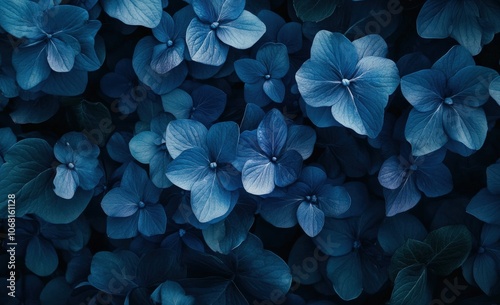 Blue hydrangea flower petals, close up, natural background.
