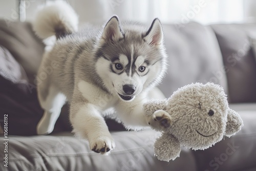 a husky dog is playing with a stuffed animal