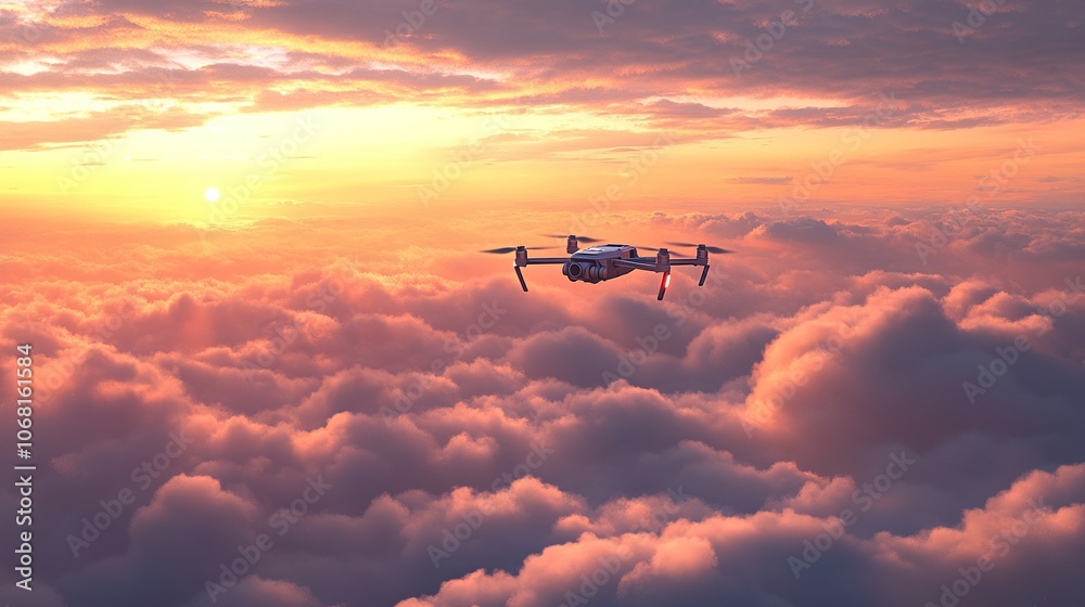 A drone flies over fluffy clouds at sunset. The drone flies through the clouds A drone flies over fluffy clouds at sunset. The drone flies through the clouds