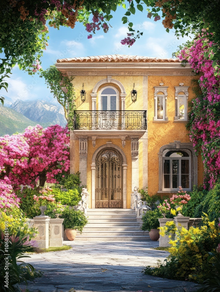 Beautiful garden in front of a villa house Beautiful garden in front of a villa house