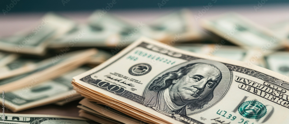US dollar bills spread across a desk, symbolizing finance and economic themes, showcasing wealth and currency dynamics. US dollar bills spread across a desk, symbolizing finance and economic themes, showcasing wealth and currency dynamics.