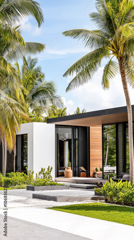 Modern architectural design of a tropical home surrounded by palm trees in daylight Modern architectural design of a tropical home surrounded by palm trees in daylight