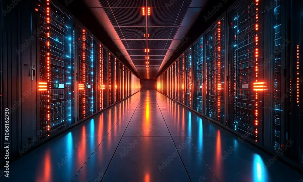 A corridor of illuminated server racks in a data center. A corridor of illuminated server racks in a data center.