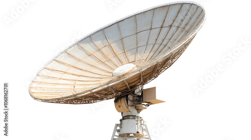 Close-up of a single satellite dish at an earth receiving station, focusing on its parabolic structure designed for precise signal capture and data transmission in satellite communication networks 