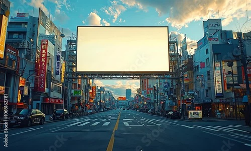 A deserted city street with a large blank billboard at sunset.