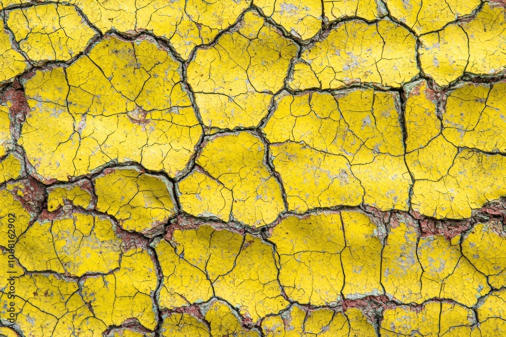 A close-up of cracked yellow paint, showcasing texture and color variations. A close-up of cracked yellow paint, showcasing texture and color variations.