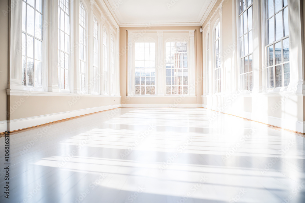 Bright sunlit room with large windows illuminating a spacious interior in the morning Bright sunlit room with large windows illuminating a spacious interior in the morning