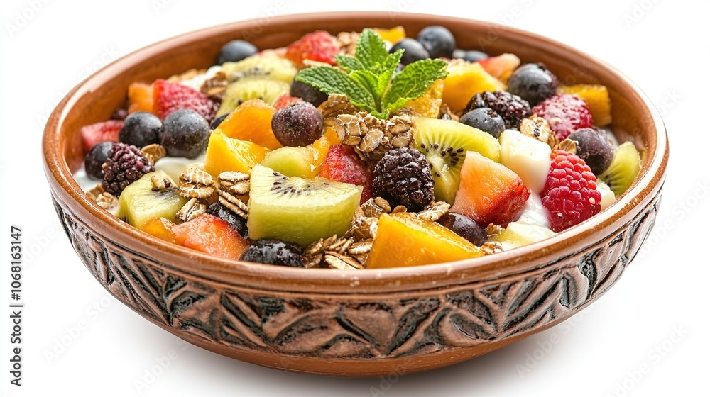 Ceramic bowl of fresh fruit salad, muesli or granola and greek yogurt isolated on white background Ceramic bowl of fresh fruit salad, muesli or granola and greek yogurt isolated on white background