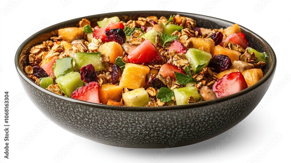 Ceramic bowl of fresh fruit salad, muesli or granola and greek yogurt isolated on white background Ceramic bowl of fresh fruit salad, muesli or granola and greek yogurt isolated on white background