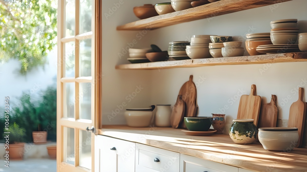 Rustic Kitchen Interior with Wooden Shelves Rustic Kitchen Interior with Wooden Shelves