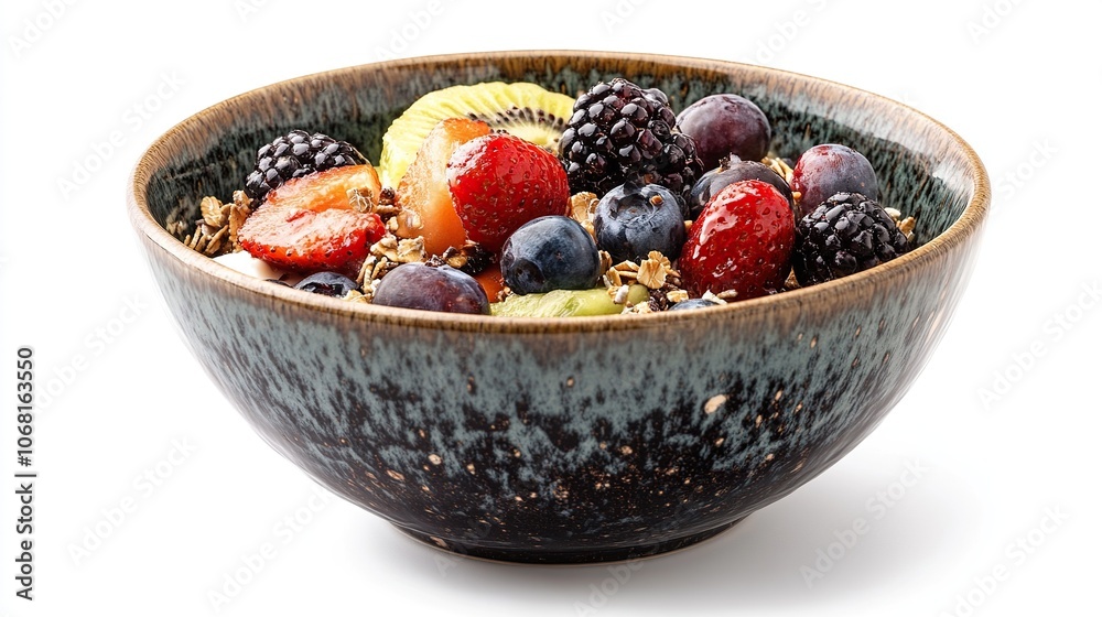 Ceramic bowl of fresh fruit salad, muesli or granola and greek yogurt isolated on white background Ceramic bowl of fresh fruit salad, muesli or granola and greek yogurt isolated on white background