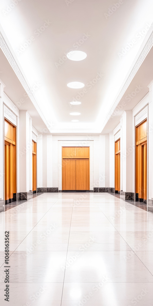 Fototapeta premium A wide corridor showcasing wooden doors and bright lighting in a modern architectural space