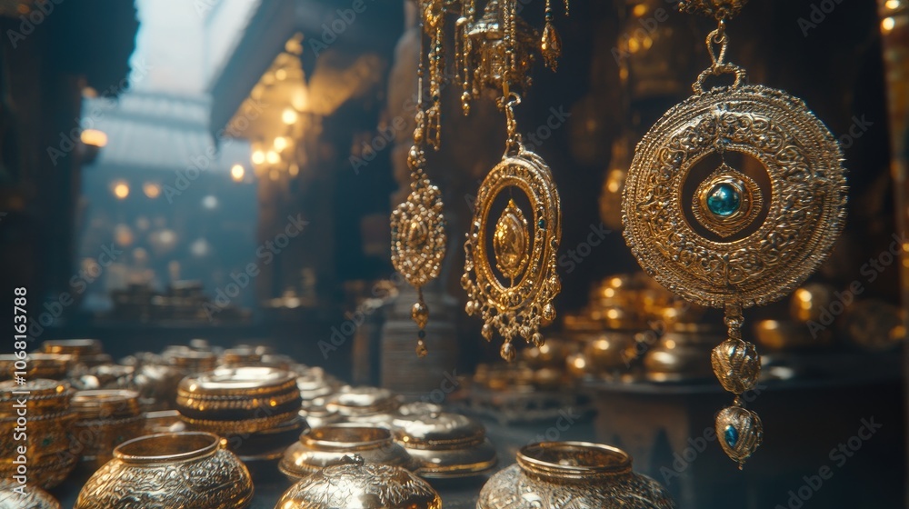 Glimmering Gold Jewelry Display in Marketplace Glimmering Gold Jewelry Display in Marketplace