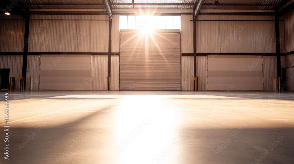Morning sunlight streaming into an empty warehouse with large roll-up doors Morning sunlight streaming into an empty warehouse with large roll-up doors