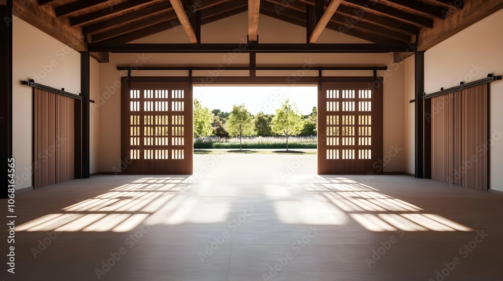 Wooden Doors Open to Green Landscape