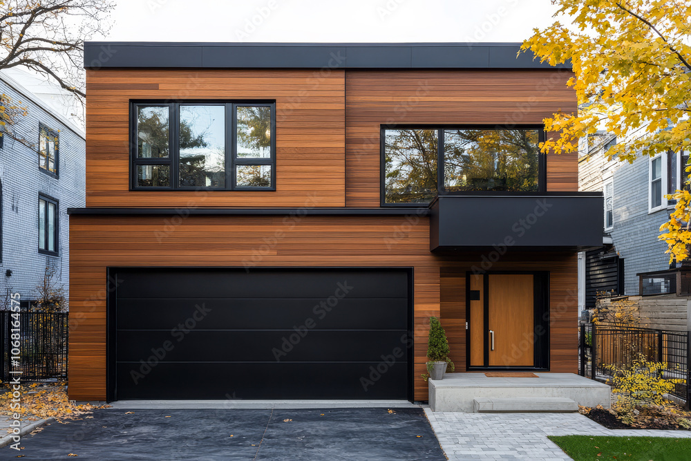 Modern wooden facade home with sleek garage and autumn leaves in residential neighborhood Modern wooden facade home with sleek garage and autumn leaves in residential neighborhood
