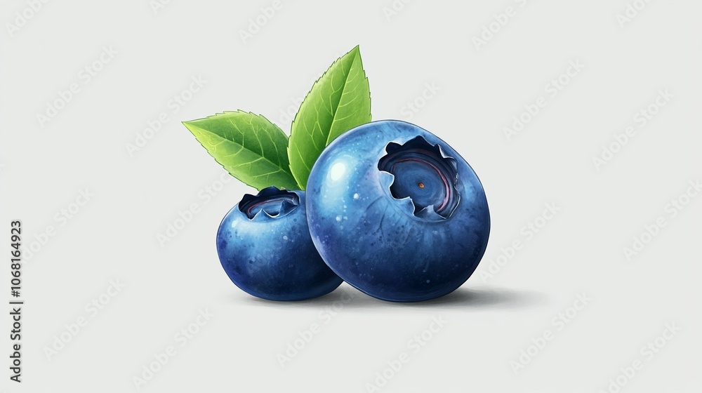 Two ripe blueberries with green leaves. Two ripe blueberries with green leaves.