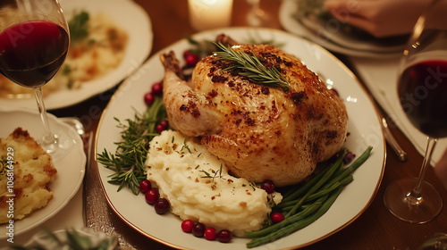 A festive table setting for Thanksgiving, featuring a whole roasted turkey at the center, surrounded by side dishes, candles, and seasonal decorations for a warm and celebratory atmosphere.