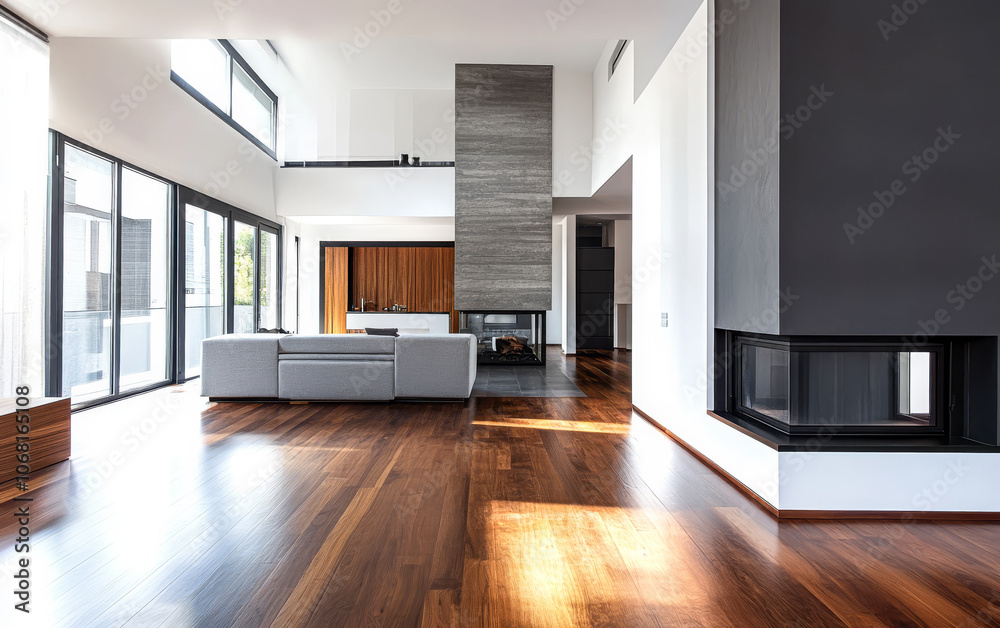 Modern living room with hardwood floors and a fireplace in a spacious contemporary home Modern living room with hardwood floors and a fireplace in a spacious contemporary home