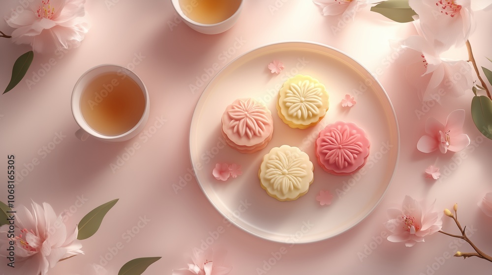 Delicate pastel mooncakes on a white plate surrounded by pink cherry blossoms and tea cups in a serene setting Delicate pastel mooncakes on a white plate surrounded by pink cherry blossoms and tea cups in a serene setting