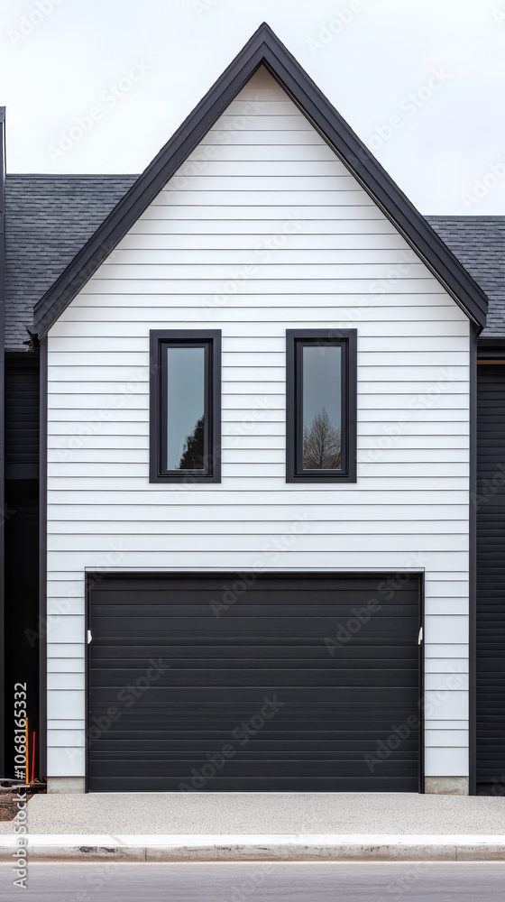 Modern minimalist garage design with sleek black door and two large windows in suburban area Modern minimalist garage design with sleek black door and two large windows in suburban area