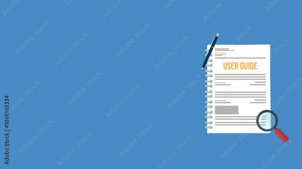 User guide with magnifying glass and pen. User manual,  instruction manual