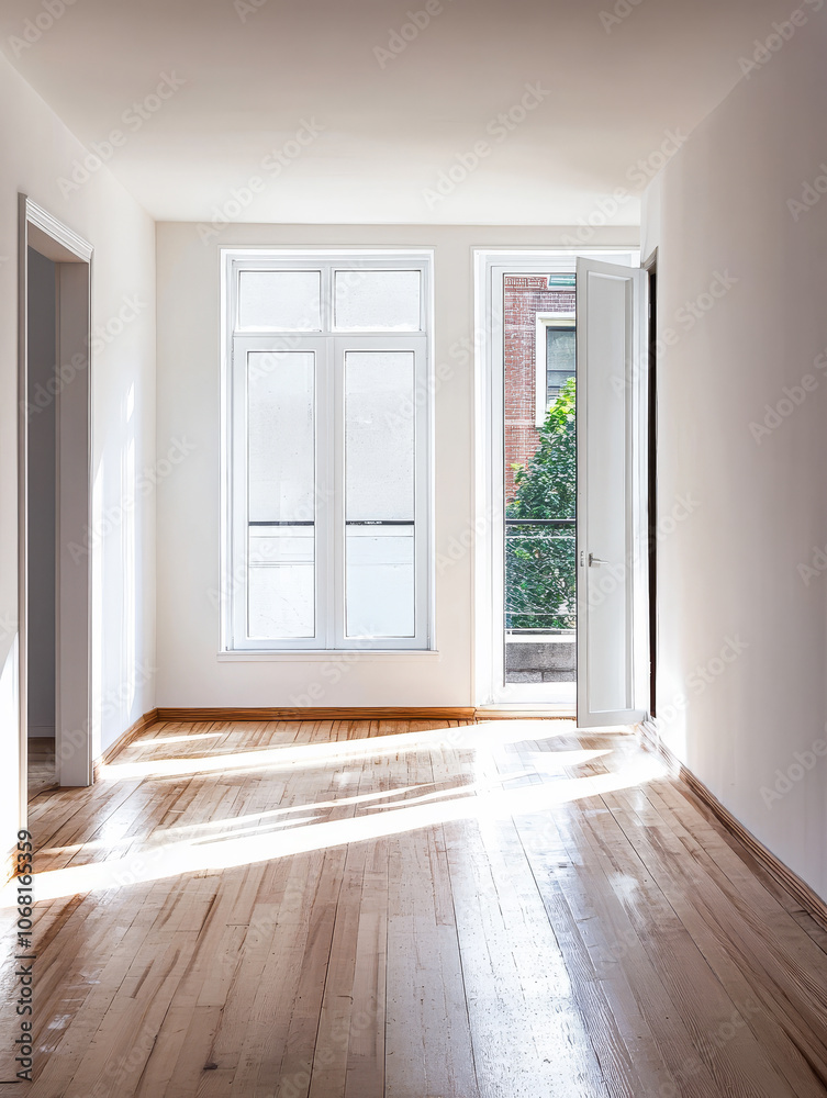 Fototapeta premium Bright, minimalistic room with large windows showcasing natural light in an urban setting