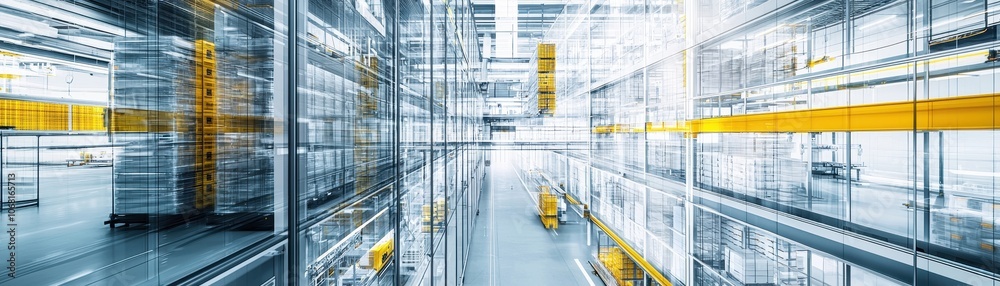 Obraz premium A futuristic warehouse interior featuring transparent partitions, bright lighting, and organized shelving.