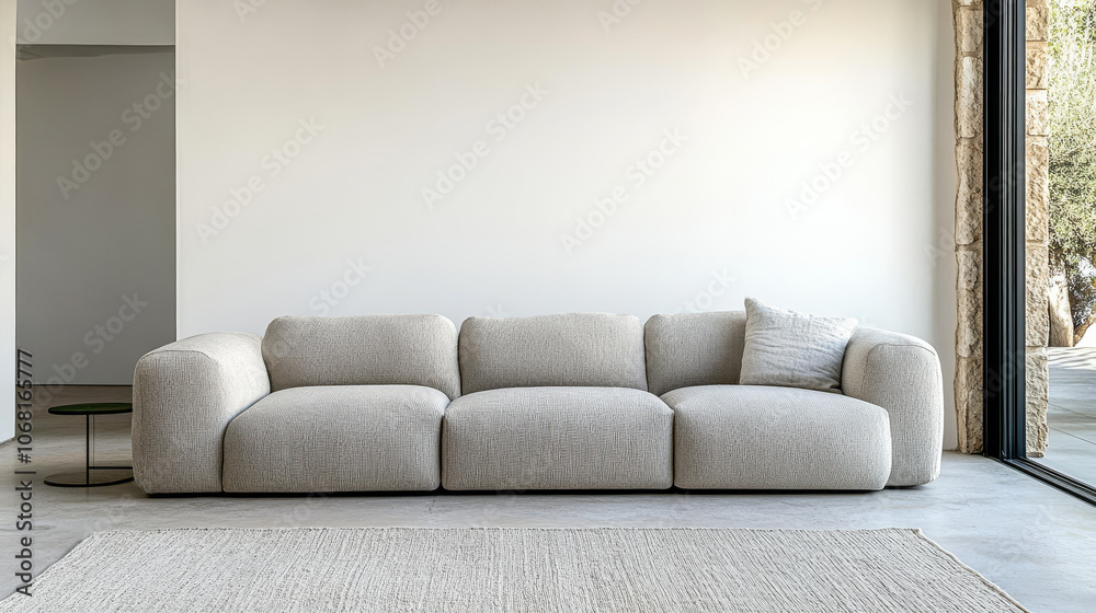 Cozy modern living room with a light fabric sofa and large glass windows inviting natural light Cozy modern living room with a light fabric sofa and large glass windows inviting natural light