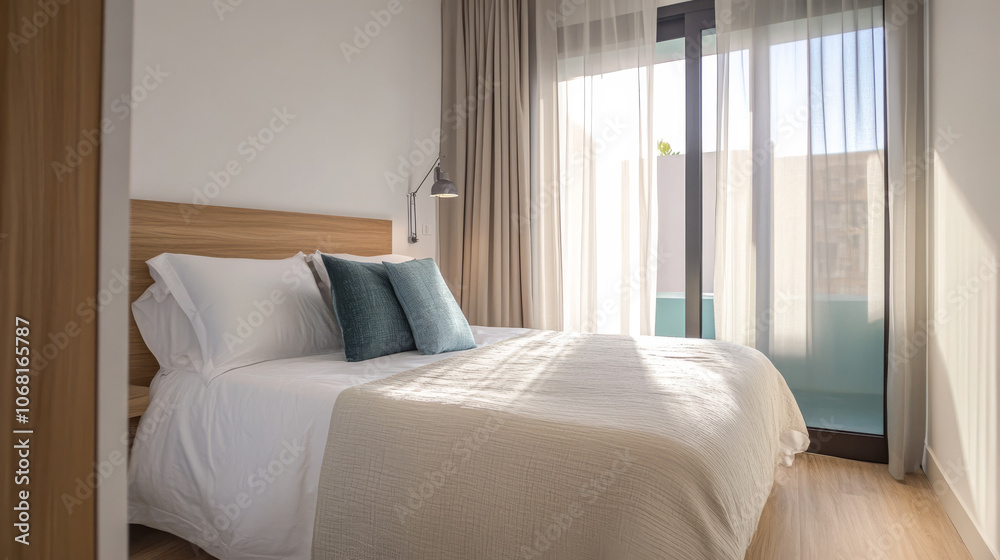 Bright and airy bedroom with spacious balcony and modern decor during daylight hours Bright and airy bedroom with spacious balcony and modern decor during daylight hours