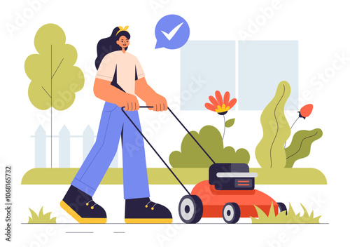 Lawn Mower Vector Illustration Featuring Grass Cutting, Trimming, and Care in a Summer Gardening Flat Style Cartoon Background