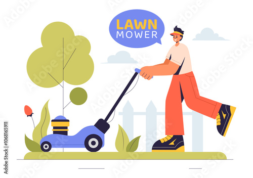 Lawn Mower Vector Illustration Featuring Grass Cutting, Trimming, and Care in a Summer Gardening Flat Style Cartoon Background