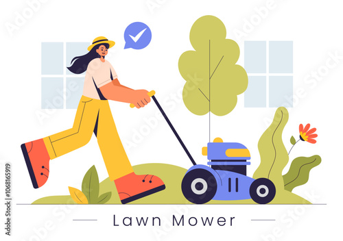 Lawn Mower Vector Illustration Featuring Grass Cutting, Trimming, and Care in a Summer Gardening Flat Style Cartoon Background