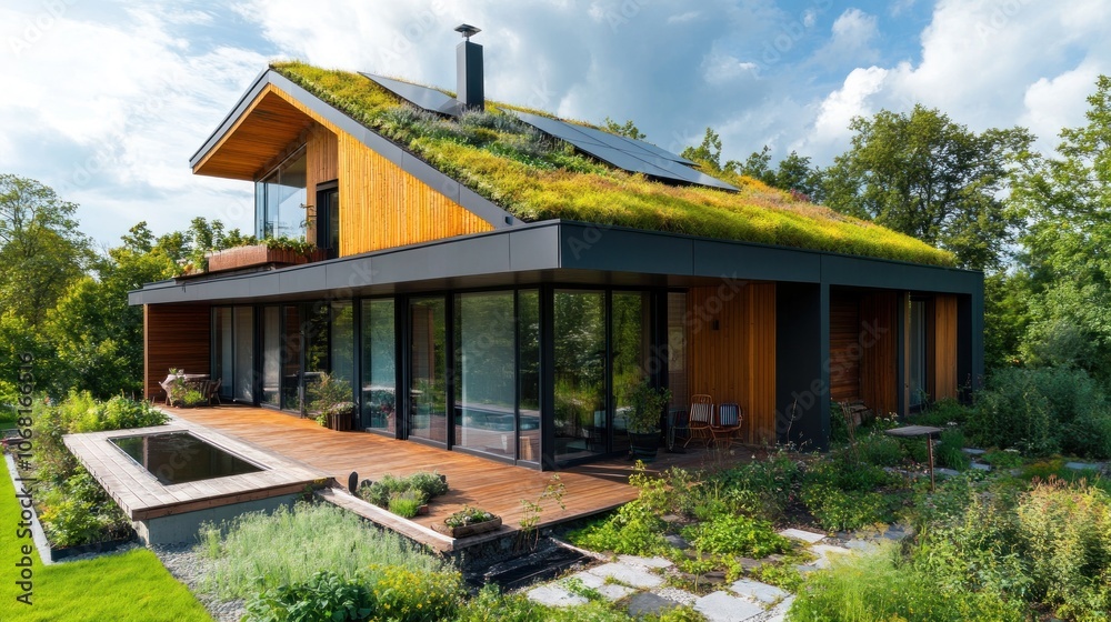 Modern, sustainable house with a green roof, solar panels, wooden exterior, and a patio with a swimming pool. Modern, sustainable house with a green roof, solar panels, wooden exterior, and a patio with a swimming pool.