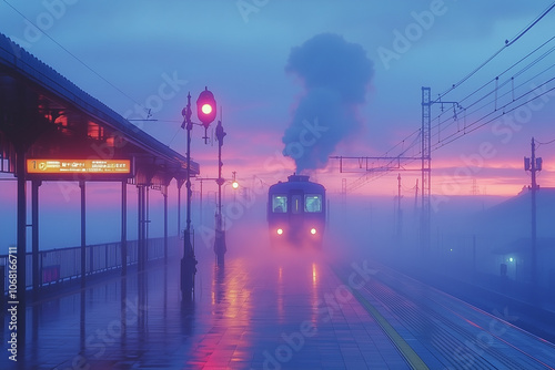 A deserted train station at dusk, with an empty platform and fading light, evoking a sense of solitude and quiet. photo