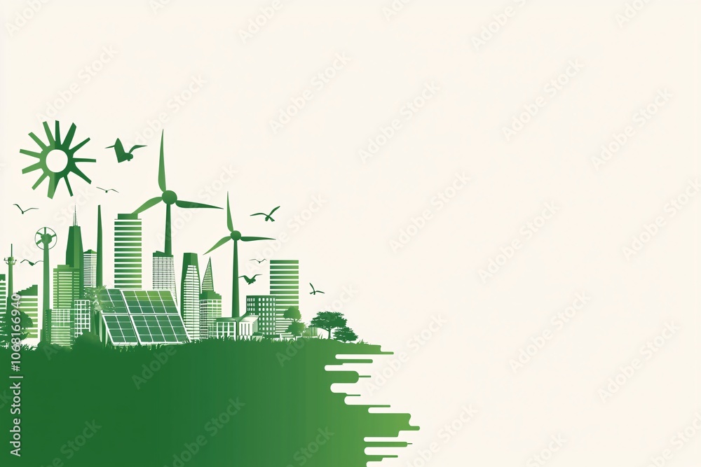 A city skyline with prominent solar panels and wind turbines in the foreground, illustrating net zero carbon initiatives. The image has ample space for text. A city skyline with prominent solar panels and wind turbines in the foreground, illustrating net zero carbon initiatives. The image has ample space for text.