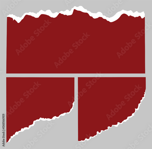 Ripped paper set vector. Craft paper rip torn paper blank with texture label, recording notes. Dark red paper tear effect border, curl of torn edge sheet. Broken piece of paper stripes various purpose