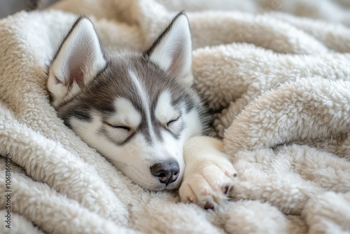 a husky dog sleeping on top of a blanket