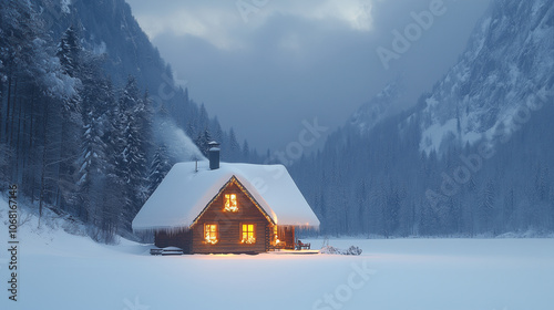 A solitary house covered in snow, surrounded by a winter forest, creating a peaceful and serene winter scene.