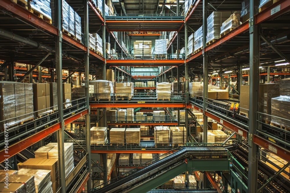 A spacious warehouse filled with stacked pallets on shelves, showcasing organized logistics and industrial efficiency. A spacious warehouse filled with stacked pallets on shelves, showcasing organized logistics and industrial efficiency.