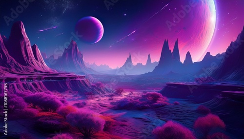 Space landscape in purple tones, nature on another planet