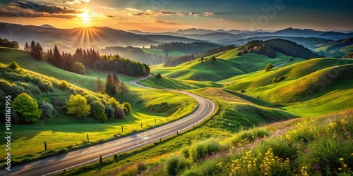 Captivating Candid Photography of a Winding Curve Roadway Surrounded by Scenic Landscapes, Perfect for Background Design and Nature-Inspired Projects