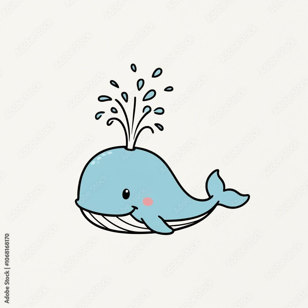 Obraz premium Gentle whale with water spout, blushing cheeks, cartoon style, white background, playful and cheerful expression
