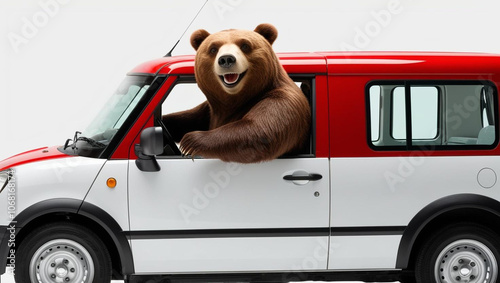 Friendly bear driving mini delivery van, waving from window, exuding joy and playfulness against white background